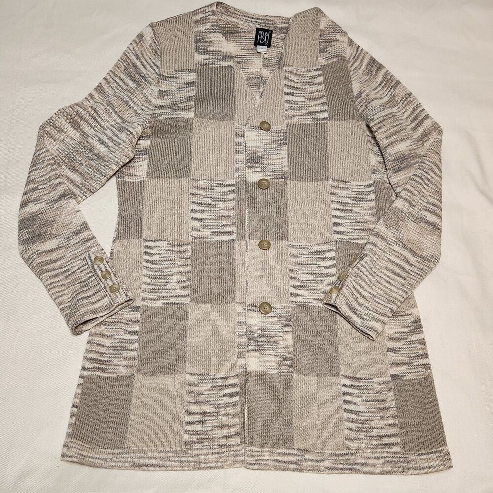 Vintage Helen Hsu Knit Long Gray White Tunic Cardigan Sweater